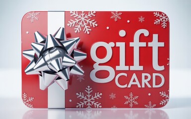 Red christmas gift card with silver bow and snowflakes for holiday shopping and gift giving ideas 100