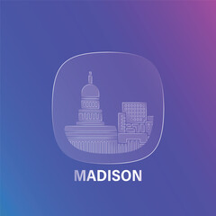 Madison, USA Wisconsin state: icon and logo prototype with glass liquid effect. Flat emblem with shapes of landmarks. Concept for mobile app, sticker, web element