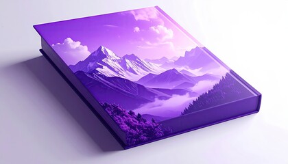Illustrated book featuring a scenic mountain landscape with snow-capped peaks, lush forests, and serene clouds displayed in vibrant purple and violet hues on a white backdrop, offering a creative...