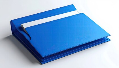 A vibrant, open blue file folder is presented on a white surface, showing the texture of the materials and highlighting a stack of white paper inside.