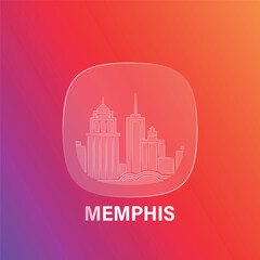 Memphis, USA Tennessee state: icon and logo prototype with glass liquid effect. Flat emblem with shapes of landmarks. Concept for mobile app, sticker, web element