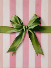 Green bow with ribbon on pink striped background, wall art poster in painting style