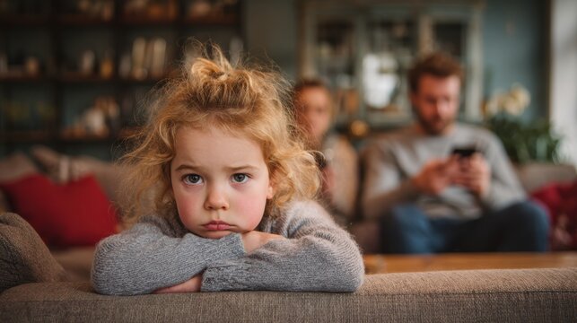 A young girl looks bored while her parents are distracted by their phones in a cozy living room setting.