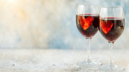 Romantic celebration with wine glasses featuring heart shapes