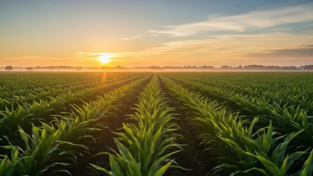 Horizon's cornfield rows at sunrise