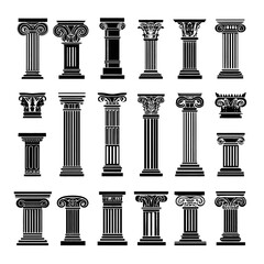 Ancient Classical Architectural Columns Vector Set: Greek and Roman Historical Pillars, Capitals, and Bases as Decorative Design Elements