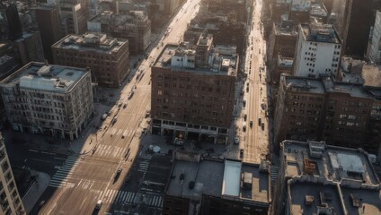 Fototapeta premium Aerial view of city streets and buildings on a sunny day.