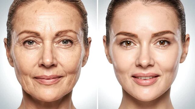 Comparative Portrait of Mature Woman Before and After Aging Treatment On Neutral Background Showcasing Skin Texture and Youthful Transformation For Beauty and Wellness Advertising