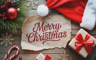 Merry christmas greeting card santa hat gift box candy cane ornament holiday season festive background image