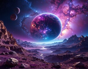 A vibrant and otherworldly celestial landscape with a purple planet, mountains, and nebula