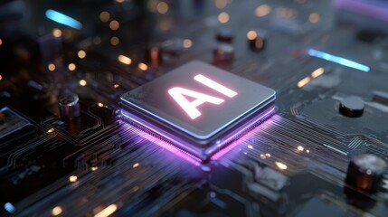 Close-up view of a modern AI microchip on a circuit board, highlighting technological advancement and digital innovation.