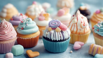 Colorful and delightful cupcakes adorned with vibrant frosting and decorative toppings, perfect for any celebration.