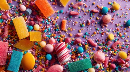 Colorful assortment of candies and sweets creating a vibrant and playful background for various culinary uses.