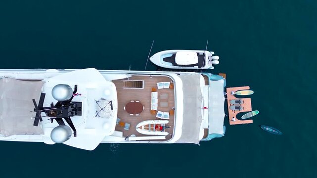 Aerial view of a superyacht. Facilities and exterior of a luxury private yacht, with crew working in the morning at the stern of the yacht. Drone view.