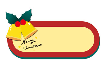 
A rounded rectangular banner or label, a bold red border and a pale yellow/cream inner background. The banner is decorated with two gold bells, holly and red berries