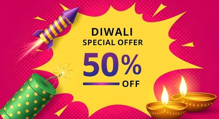 Diwali special offer 50 off with fireworks and diyas, celebrating the festival of lights with a discount promotion