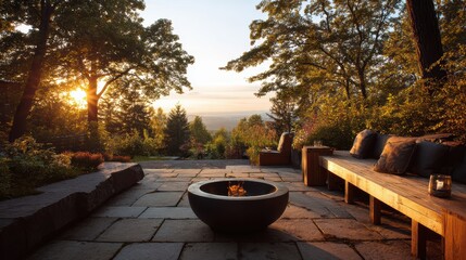 Cozy outdoor seating area at sunset, featuring a fire pit and beautiful nature surrounding for relaxation.