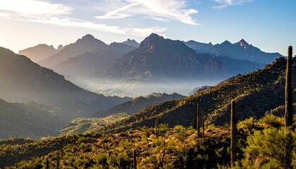 Hilly landscape with cacti and mountainous backdrop during sunrise