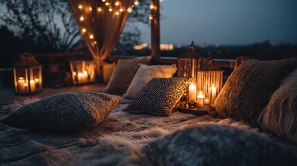 Cozy outdoor seating area illuminated by soft lantern light, creating a warm and inviting atmosphere at night.