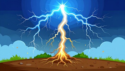 A vibrant illustration depicts a lightning bolt striking a tree-like form, with a cloudy sky background