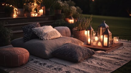 Cozy outdoor setting with cushions and glowing lanterns, perfect for relaxation and evening gatherings.