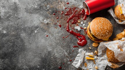 Delicious burgers and fries with spilled ketchup on a textured surface, perfect for food-related content.