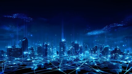 Futuristic city glows connecting global networks a serene vision of modern innovation at night