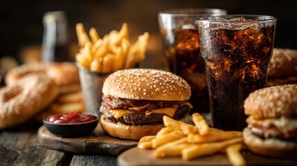 Delicious burgers with crispy fries and refreshing drinks on a rustic wooden table, perfect for food lovers.