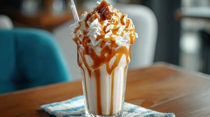 Delicious caramel milkshake topped with whipped cream and syrup, perfect for a sweet treat anytime.