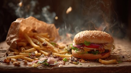 Delicious hamburger with fresh ingredients served with crispy fries on a rustic table, perfect for tempting food shots.