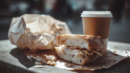 Delicious sandwich and coffee on a table, perfect for a quick meal on the go, showcasing casual dining moments.