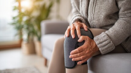 Elderly person experiencing knee pain at home, illustrating mobility issues and joint discomfort in daily life.