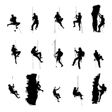 Dynamic set of climbing people silhouettes. Rock climbers, mountaineers, and rappellers engaging in extreme adventure sport activities.
