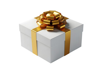 White gift box with golden ribbon isolated on transparent background for christmas