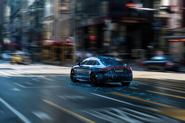 Fototapeta premium An autonomous car navigates a city street. Neural connections and projections surround the car's body.