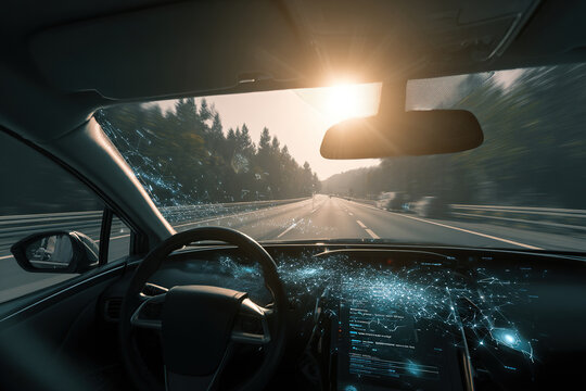 An empty driver's seat and dashboard of an autonomous smart car. The autonomous car is driving on a highway outside the city.