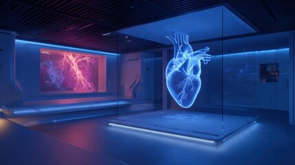 Futuristic display of a heart in a modern lab with blue lighting and digital art, showcasing medical technology.
