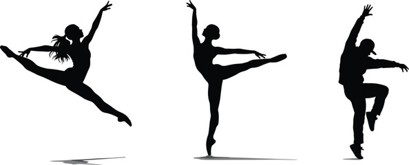 Silhouette illustration of ballet and contemporary dancers performing graceful poses and movements in artistic dance performance concept vector on white background