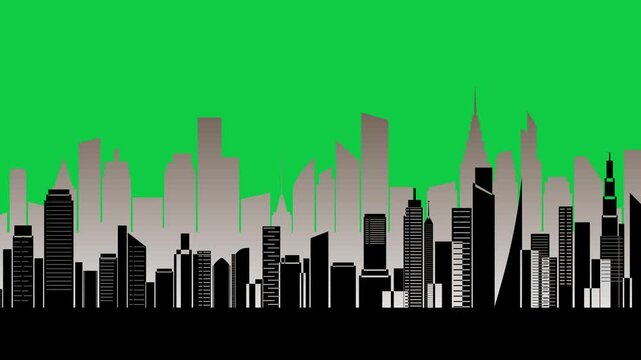 Abstract city skyline silhouette scroll against green screen