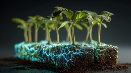 Vibrant green seedlings emerging from rich soil with glowing roots symbolizing growth and sustainability.