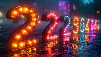 Illuminated numbers in a vibrant cityscape at dusk