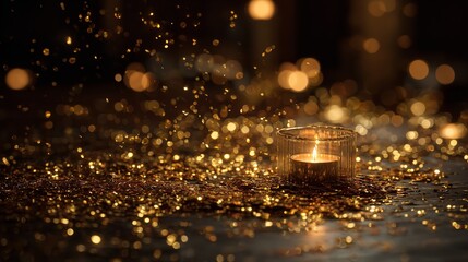 Obraz premium Closeup of a candle in a glass holder surrounded by golden glitter, creating a warm and festive atmosphere