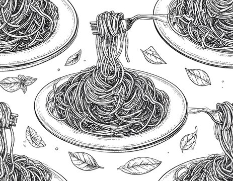 Detailed black and white drawing of pasta dishes with herbs