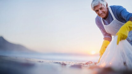 Elderly man cleaning beach at sunset for environmental protection efforts