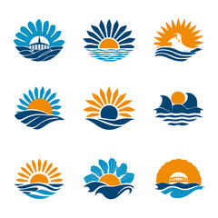 Obraz premium Collection of sun and wave abstract logos, icons, and emblems for travel, vacation, beach, summer, ocean, and tropical resort designs.