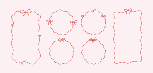 Bow circle and rectangle coquette frame set. Vintage lace ribbon round border. Hand drawn circle line bow frame. Doodle girly decorative red border. Vector illustration isolated on pink background.
