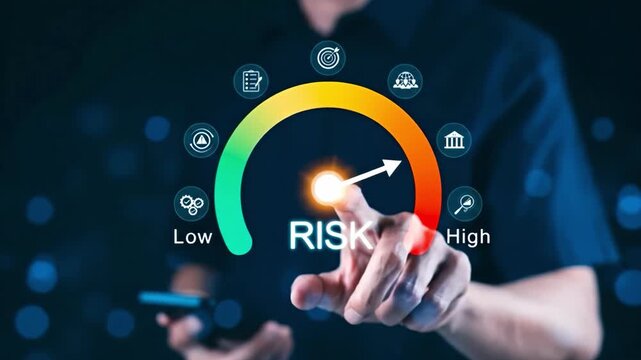 Navigating Risk: A visual representation of risk assessment, as a hand points to a dial that displays the level of risk in the business, navigating the complexities of the unknown.