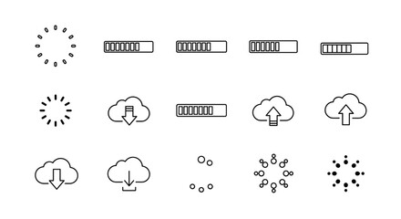 Loading and uploading progress icons set, circular and bar loading animation, cloud download and upload symbols, digital media buffer indicators, internet data transfer UI elements vector collection