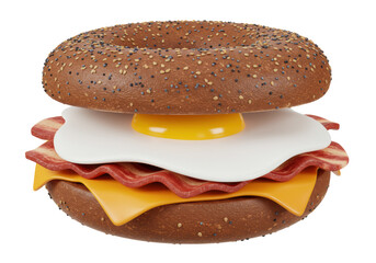 Isolated bagel breakfast sandwich featuring egg, cheese, and bacon ready for consumption