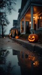 Obraz premium Halloween night in forest with glowing pumpkin and spirits